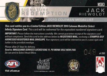 2011 Select AFL Infinity - Medal Signature Redemptions #MSR3 Jack Riewoldt Back
